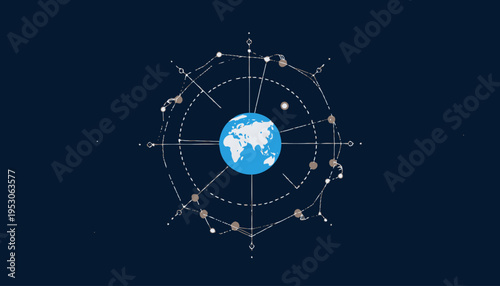 Illustration of Global Satellite Network Orbiting Earth for Worldwide Communication and Connectivity Simplified as a Digital Graphic