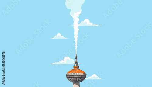 Futuristic Tower Emitting White Vapor into a Clear Blue Sky with Fluffy Clouds Symbolizing Innovation and Urban Technology