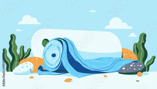 Cartoon Roll of Blue Fabric with Colorful Patterned Fabrics and Cacti in Scenic Outdoor Setting under Sunny Sky