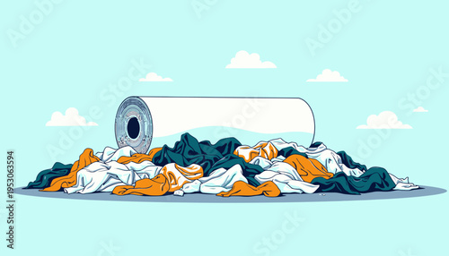 Illustration of a Large Roll of Paper Towels Over a Pile of Mixed Colorful Clothes Against a Light Blue Sky Background
