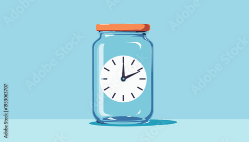 Illustration of a clock inside a glass jar symbolizing the concept of time preservation and the idea of saving or storing time for future use