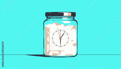A glass jar filled with paper notes symbolizing time management and organization against a bright blue background.