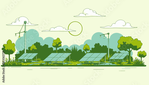 Illustrated landscape depicting a sustainable solar farm with photovoltaic panels surrounded by trees, green foliage, and a bright sun in a serene environment