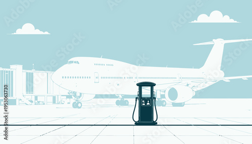 Illustration of a Large Airplane Parked at an Airport with a Prominent Fuel Pump in the Foreground and Clear Skies Overhead