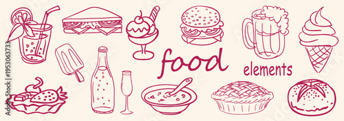 Hand drawn vector set of various food. Sketch food set. Various food drawn with lines. doodle food element. Vector illustrations