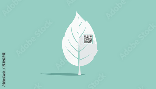 Illustration of a Renewable Energy Concept with a Stylized Leaf Featuring a QR Code on a Minimal Green Background Highlighting Digital Connectivity
