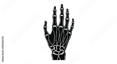Black skeleton hand raised up with white bones on plain background for Halloween or medical concept