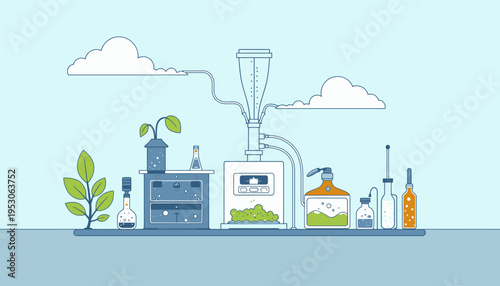 Illustration of a Sustainable Laboratory Setup with Plants and Equipment for Innovative Eco-Friendly Experiments and Environmental Research