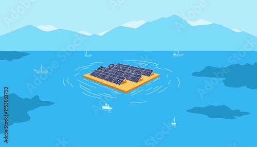 Floating Solar Panel Installation Harnessing Renewable Energy on Serene Ocean Waters with Boats and Distant Mountains in a Peaceful Scene