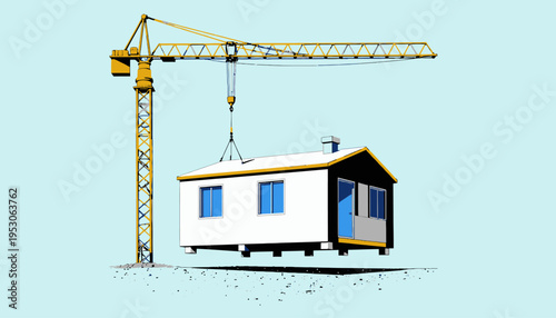 Illustration of a Construction Crane Lifting a Small Modular House Against a Clear Blue Sky Capturing the Essence of Modern Building Technology and Efficiency