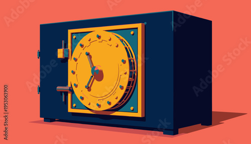 A Detailed Depiction of a Large, Sturdy Safe Box with a Circular Combination Dial and Heavy Steel Structure Against a Vibrant Red Background