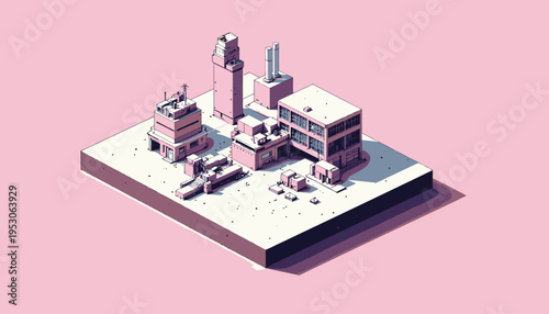 Imaginary Isometric City on a Pink Background with Miniature Buildings and Architectural Structures Highlighting Modern Urban Design