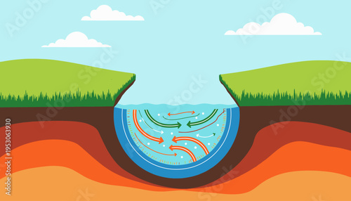 Illustrative Diagram of Water Circulation and Geothermal Activity Beneath a Grassy Surface in a Geological Cross-Section
