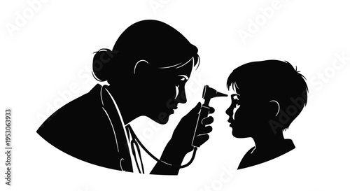 Silhouette of a pediatrician examining a child's ear with an otoscope