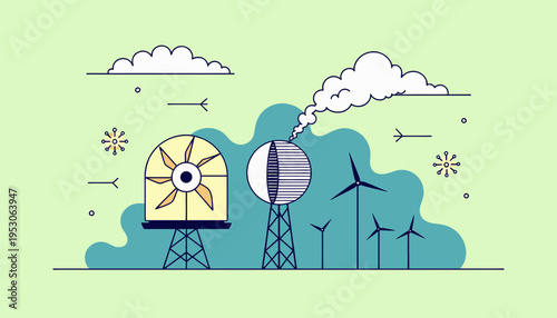 Illustration of Renewable Energy Sources Featuring Wind Turbines and a Solar Panel Against a Cloudy Sky for Eco-Friendly Energy Solutions