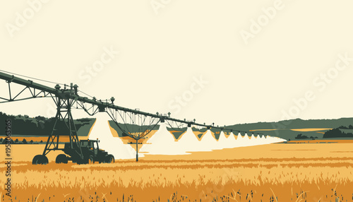 Advanced Automated Irrigation System Spraying Crops in Expansive Wheat Field with Tranquil Rural Landscape in the Background on a Clear Day