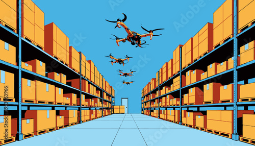 A futuristic warehouse scene highlighting the automation of logistics through synchronized drones efficiently managing rows of organized shelves and boxes