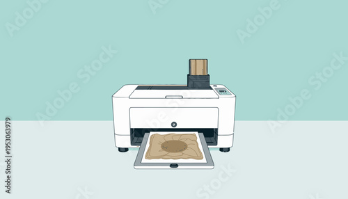 Illustration of a Modern Laser Cutter Engraving a Detailed Sunflower Design on a Wooden Panel in a Minimalist Studio Environment