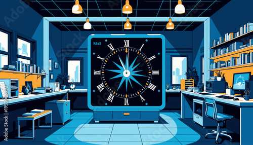 Modern Office Interior with a Giant Blue Compass Display Surrounded by Desks and Shelves in a Spacious, Well-Lit Room Featuring Contemporary Design