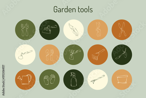 Gardening tool icon set with flat and outline elements in round shapes. Collection includes rake, shovel, pruner and watering can, suitable for app design, interface, branding and creative projects.