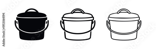 Classic Bucket with Handle and Lid Icon Set in Solid, Outline, and Hand-Drawn Styles Vector Illustration