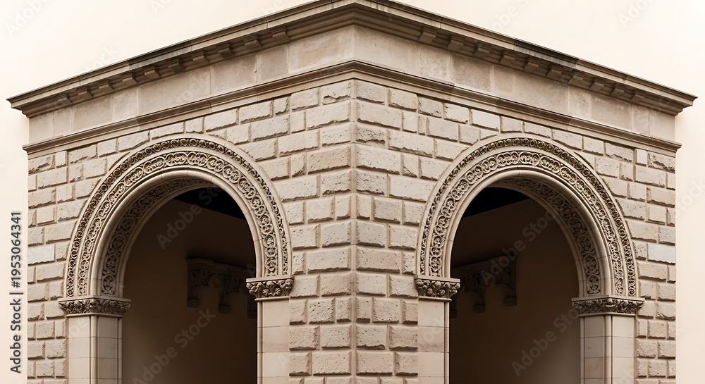 Fototapeta premium Exterior corner detail of a building with arched entryways and ornate stonework
