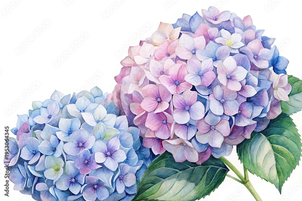 Obraz premium Watercolor Painting of Two Hydrangea Flower Blooms in Shades of Blue and Pink