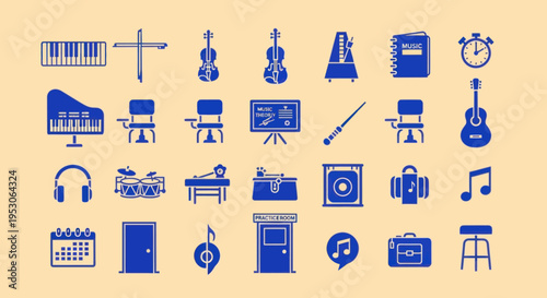 Music Education Icons: Piano, Guitar, Violin, Drums, Metronome, Notes, School
