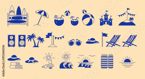 Summer Beach Vacation Icons - Blue on Beige Background