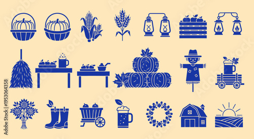 Autumn Harvest Icons: Pumpkins, Corn, Scarecrow, Barn, Wreath, and More