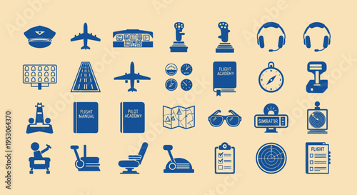 Aviation Icons Set: Pilot, Airplane, Airport, Cockpit, Navigation, Travel & Flight Symbols