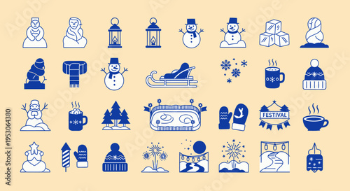 Winter Icons Set: Snowman, Sleigh, Hot Drinks, Mittens, Snowflakes, Lanterns