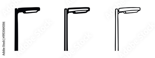 Modern street light icon set. Lamppost symbol in solid, outline, and line art styles.