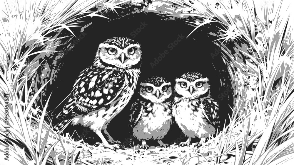 Fototapeta premium Burrowing owl (Athene cunicularia) chicks at nest burrow. Monochrome vector illustration. JPEG version.