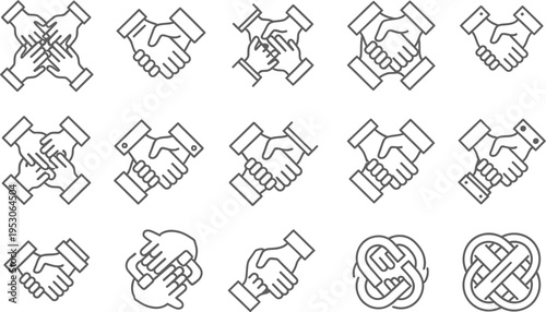 Collection of Handshake and Unity Icons in Outline Style (15