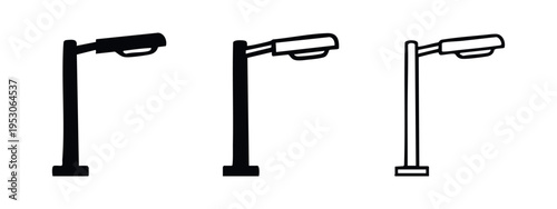 Urban lamppost icon set. Street light symbol in solid, outline, and line art variations.