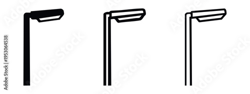 Street lamppost icon set. Outdoor lighting symbol in solid, outline, and line art.