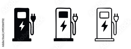 Electric Vehicle Charging Station Icon Set, EV Charger with Lightning Bolt Symbol, Eco-Friendly Car Power Vector