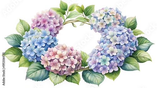Wallpaper Mural Delicate Watercolor Hydrangea Wreath with Pastel Shades of Blue, Pink, and Purple Torontodigital.ca