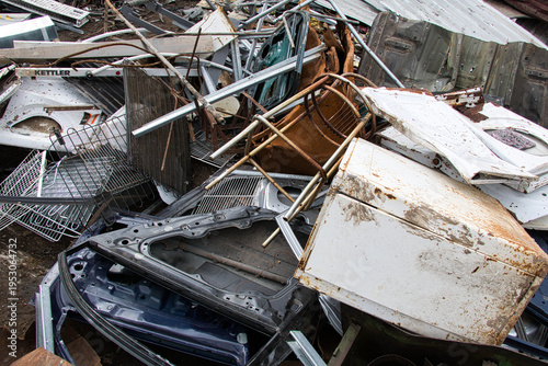 Steel waste from rebar close-up, scrap steel and other metal waste, preparation for recycling