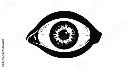 Detailed black and white eye illustration with sunburst pattern in pupil on white background for design and creative projects