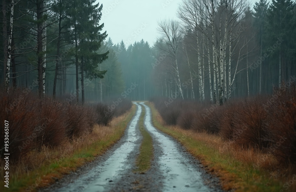 Obraz premium Wet forest path winds through bare bushes and tall trees on a foggy autumn day. Leafless branches line the gloomy, misty woodland road. Serene nature scene.