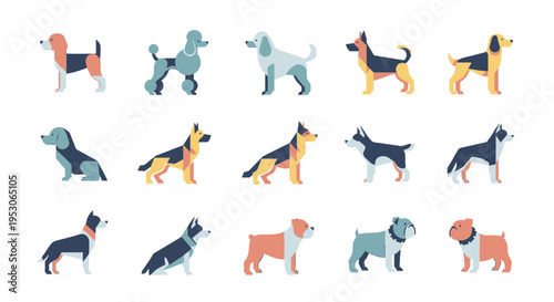 Dog breeds puppy illustrations and canine portraits for pet adoption animal shelter awareness with diverse dogs playing happily in a park setting Cute animals dog icons and domestic pets with