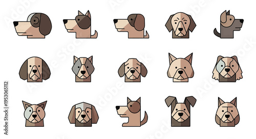 Dog breeds puppy icons and canine portraits for pet adoption animal shelter promotion with cute dog faces showcasing various types of dogs playfully interacting Graphics illustrations and vector