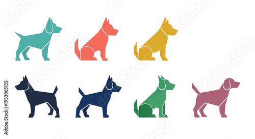 Dog canine and pet illustration for animal adoption veterinary care and dog breeding with colorful silhouettes showcasing different breeds playfully sitting Mascot logo and icon design with vibrant