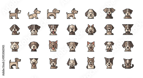 Dog icons puppy illustrations and canine graphics for pet adoption animal shelter promotion with cute dog breeds playfully posing in various positions Vector design line art and minimalist style with