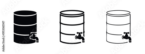 Rain Barrel with Tap Icon Set. Water Storage Container and Dispenser Symbols on White Background.