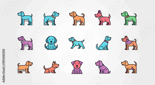 Dog icons puppy illustrations and canine graphics for pet adoption animal shelter promotion with cute dogs sitting playfully in various poses Vector design cartoon animals and breed variety with