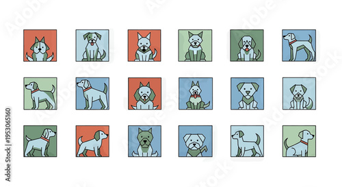 Dog icons pet illustrations and canine graphics for animal shelter promotion with cute dog breeds playfully posing in colorful square backgrounds Branding logo design and vector art with diverse