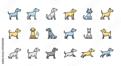 Dog puppy and canine breeds in various poses for pet adoption animal shelter promotion with adorable dogs playing fetch and interacting playfully Illustration icon and graphic design with simplified